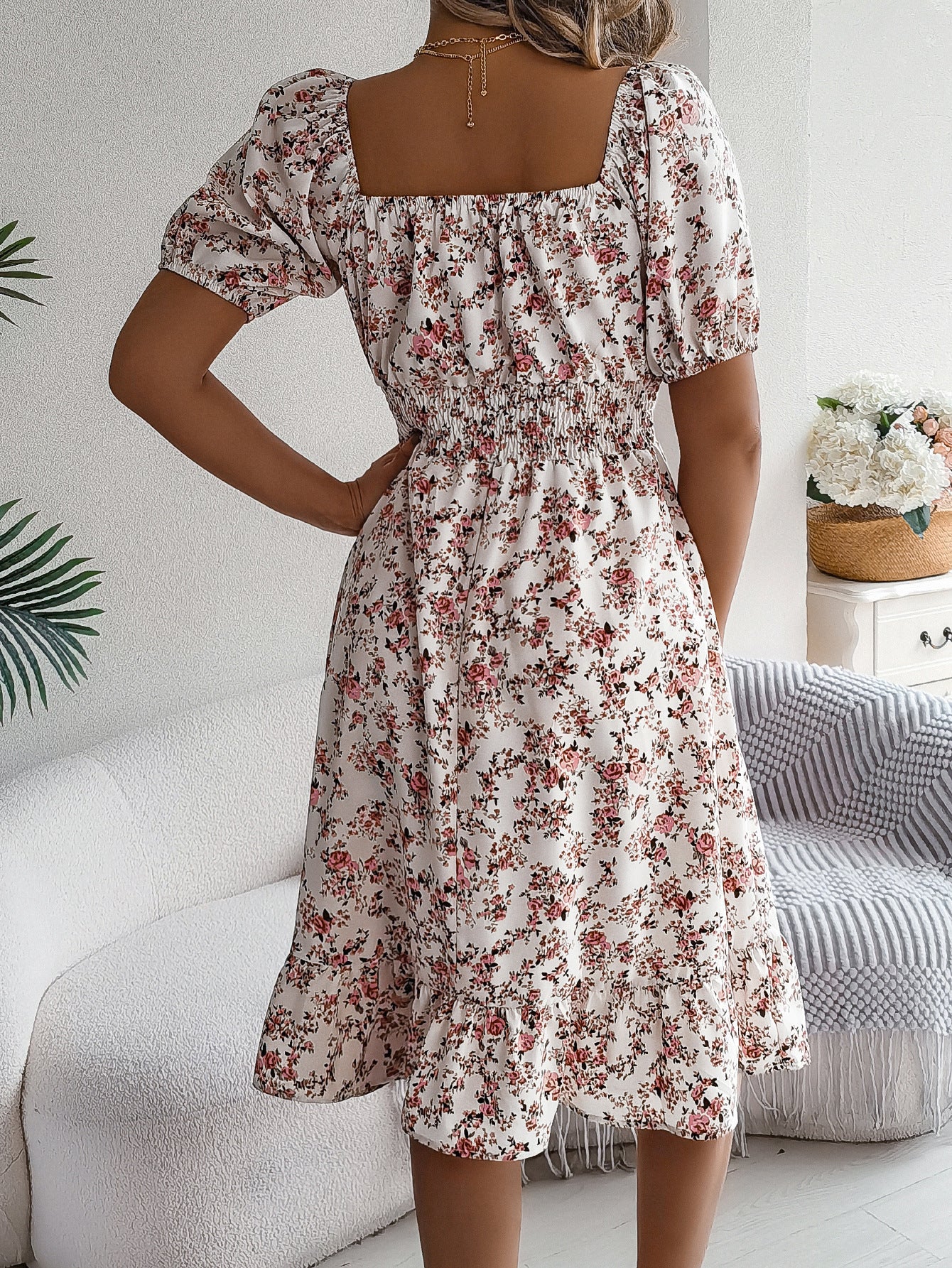 Floral Print Square Collar Dress Summer Fashion