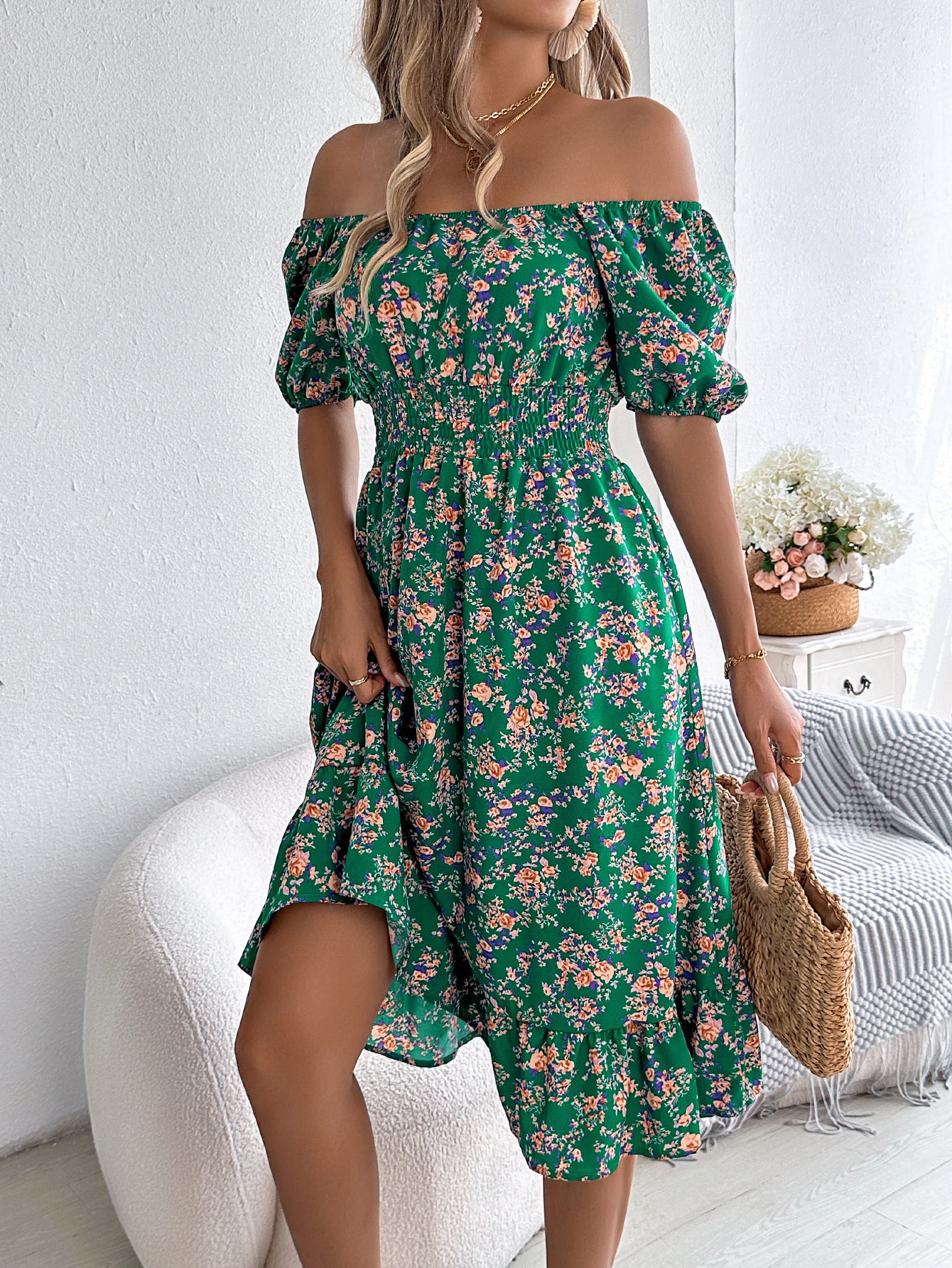 Floral Print Square Collar Dress Summer Fashion