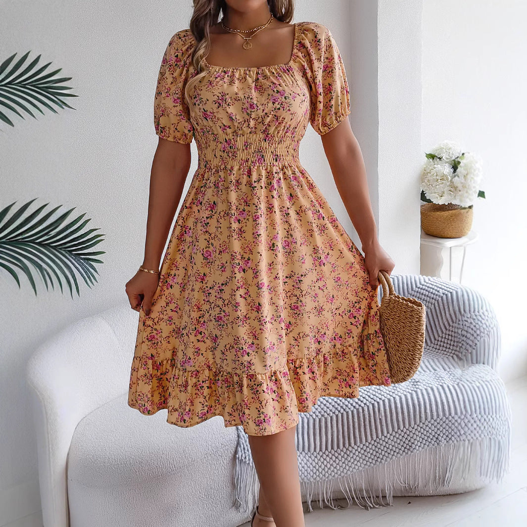 Floral Print Square Collar Dress Summer Fashion