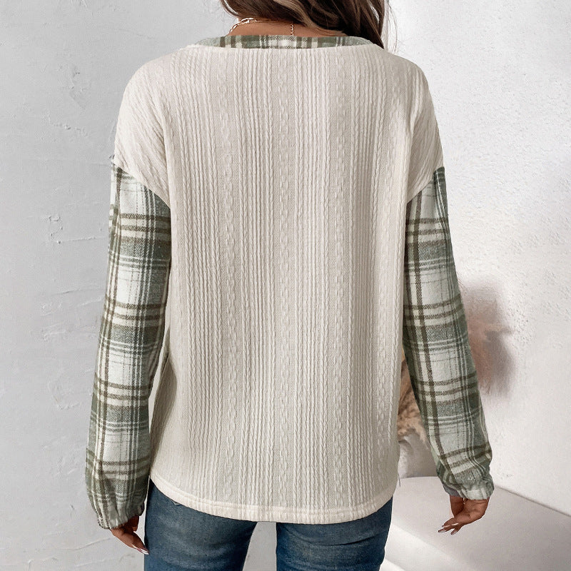 Casual Simple Retro Style Texture Fabric Plaid Stitching Top For Women