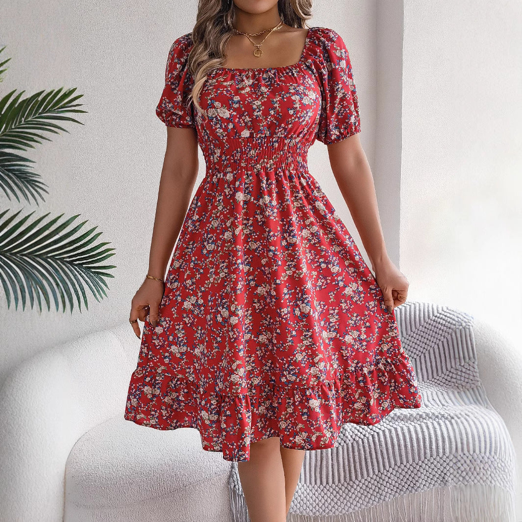 Floral Print Square Collar Dress Summer Fashion