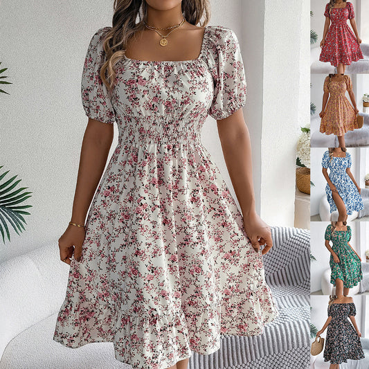 Floral Print Square Collar Dress Summer Fashion