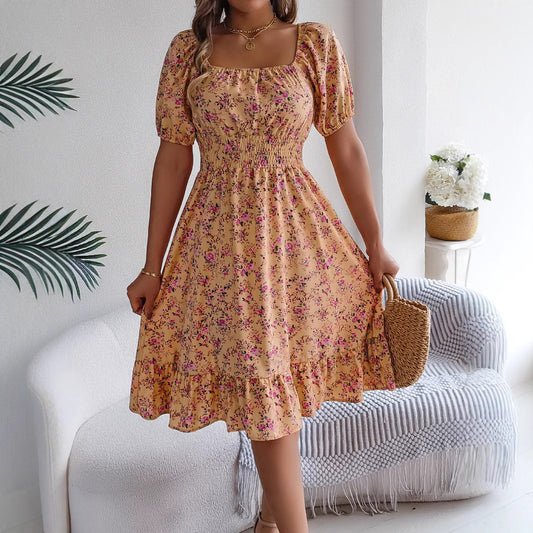 Floral Print Square Collar Dress Summer Fashion